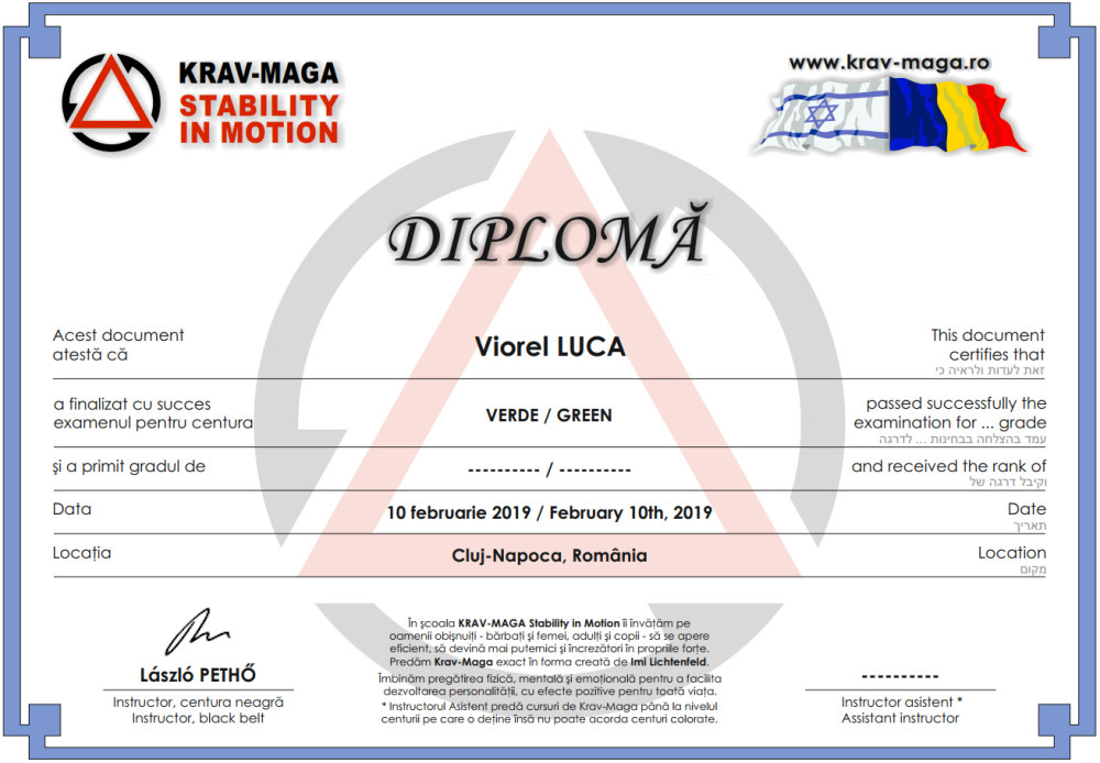 Diploma pentru centura verde acordată de László Pethő în februarie 2019, în Cluj-Napoca.